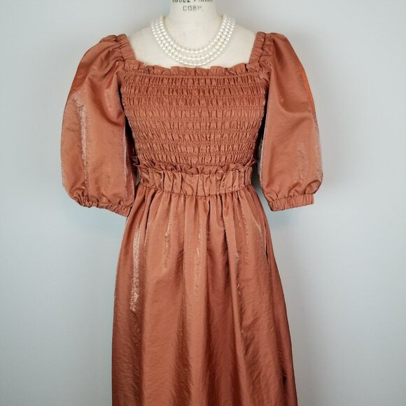 Moon River Copper A Line Midi Dress Smocked Bodice Puff Sleeves Medium NEWw/Tags - Picture 3 of 10